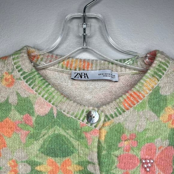 Zara Women's Multicolor Pearl Floral Print Knit Jacquard Cardigan Sweater Medium - Picture 5 of 11